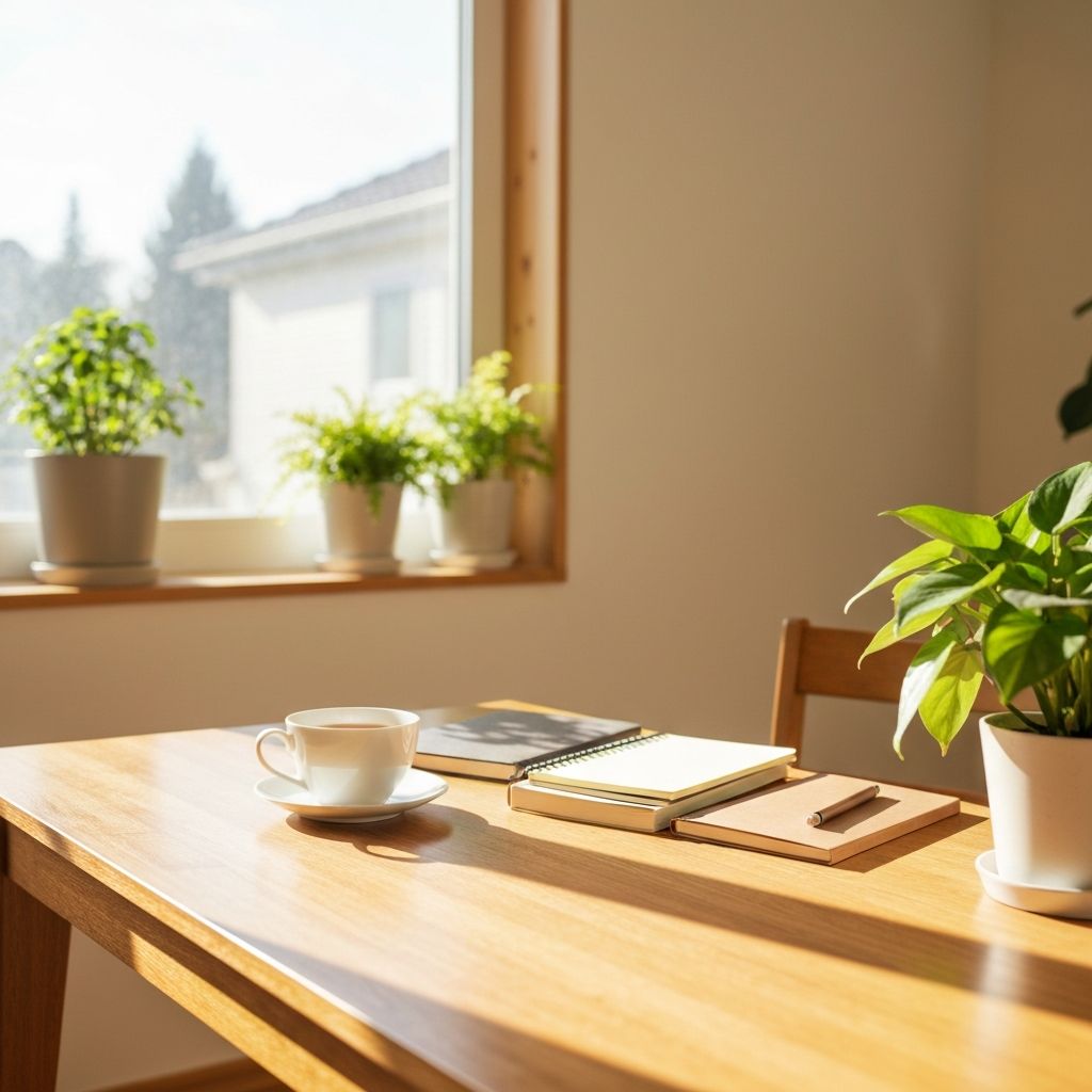 Calm morning lifestyle scene with natural materials